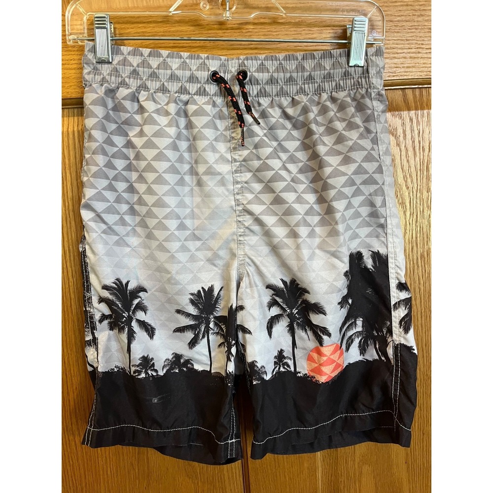 Old Navy Youth XL Swim Shorts Gray Palm Tree Print Elastic Waist Drawstring